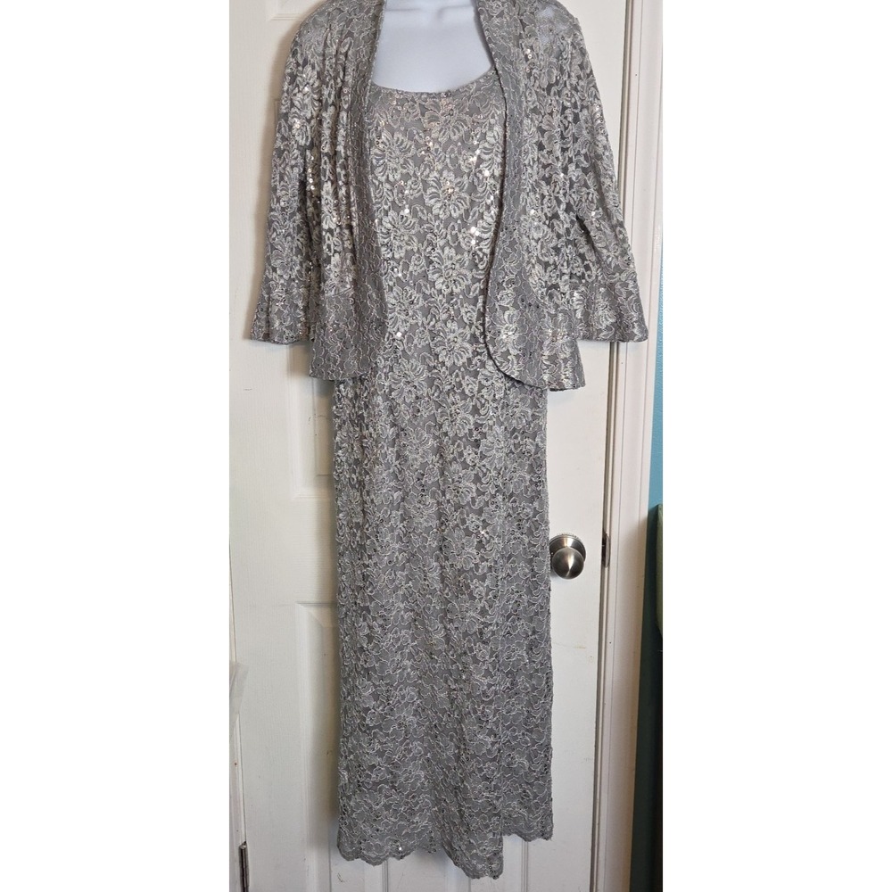 R&M Richards 14 Formal Tank Dress & Jacket Silver Sequins Sparkle Bride Mother